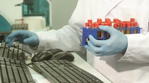 Lab Technician Handling Blood Samples Entering Data