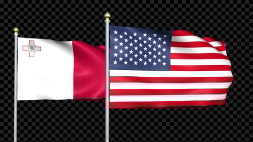 Waving Malta And USA Flags Loop With Alpha Channel