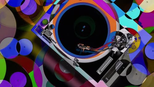DJ-Plattenspieler mit verschiedenfarbigen Schallplatten