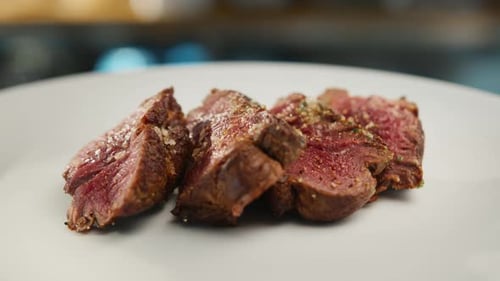 Ready dish filet mignon in the restaurant kitchen