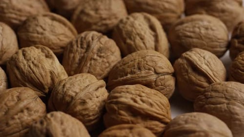 Filmmusik, rotierende Aufnahme von Walnüssen in ihren Schalen auf einer weißen Oberfläche - WALNUTS