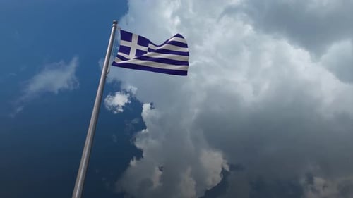 Greek Flag Waving in the Wind Against a Cloudy Sky