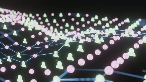 Digital Network of Connected User Icons Over Wavy Grid