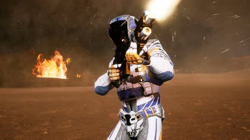 Futuristic Soldier Firing Weapon in Explosive Sci-Fi Battle