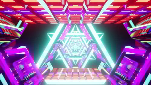 Bright Neon Triangle Sci Fi Tunnel Background Through The Spaceship Vj Loop HD