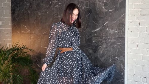 Stylish Woman Posing in Spotted Dress Indoors