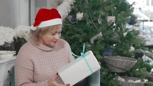 Woman with Santa Hat Holds Christmas Gift