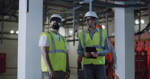 Hombres constructores con gafas que examinan el techo