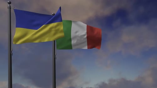 Realistic Flags of Ukraine and Italy Waving Together