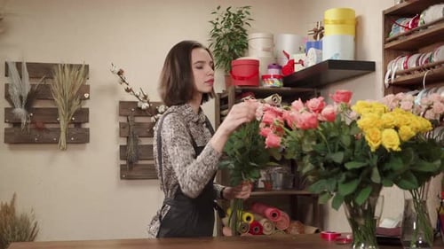 Flower Girl Is Choosing Freshest Roses and Creating Floral Composition in Studio
