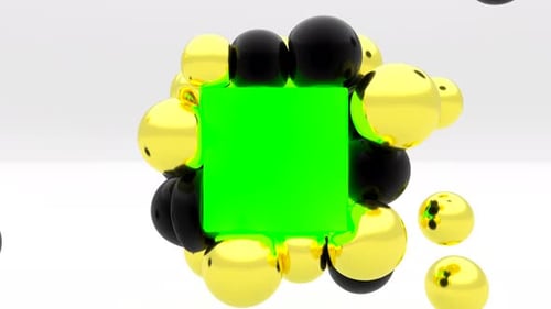Une sphère corporelle souple dorée et noire entre en collision sur une boîte verte, couverture minimaliste élégante en 3D