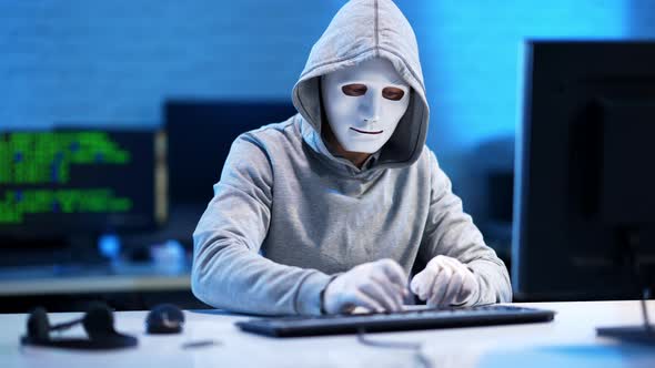 Confident Programmer in Mask and Gloves Typing Making Victory Gesture ...