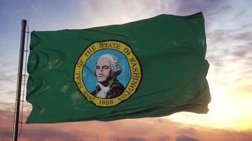 Flagge von Washington winkt im Wind gegen einen tiefen, schönen Himmel bei Sonnenuntergang