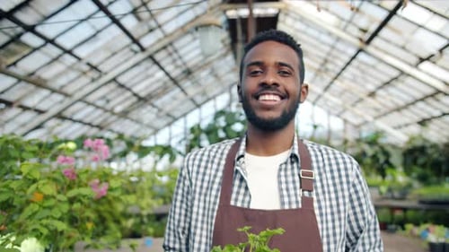 Smiling Young Adult Holding Crate of Plants in Greenhouse