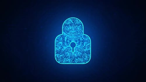 Cyber security concept. Lock symbol from lines and triangles, point connecting network on blue