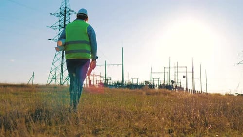 Architect Worker Checking Construction Project On Electric Tower