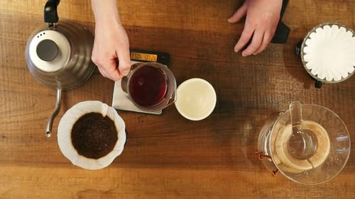 Preparing Pour Over Coffee on Wooden Table, Top View