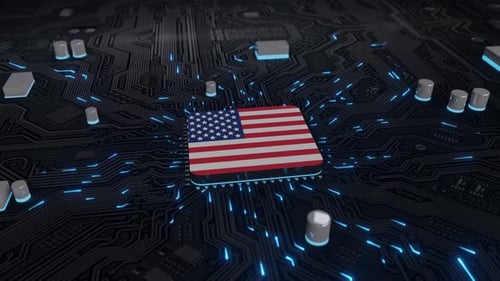 USA Flag Computer Chip on Circuit Board with Data Flow Animation