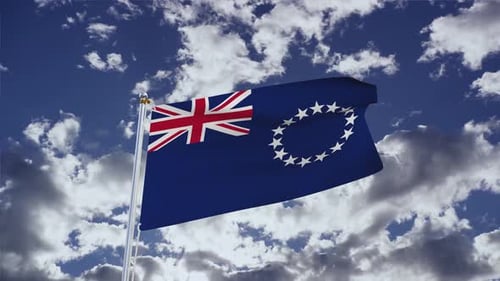 Cook Islands Flag Waving Animation with Blue Sky