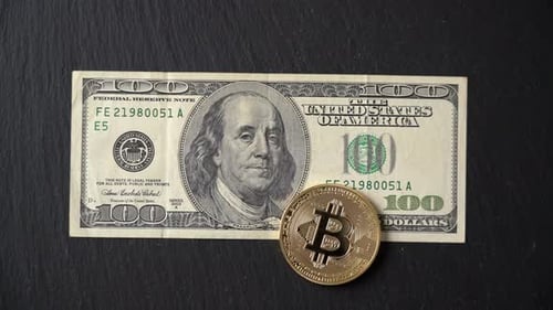One Hundred Dollar Bill and a Bitcoin