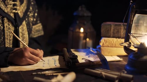 Writing with Quill on Parchment by Lantern Light