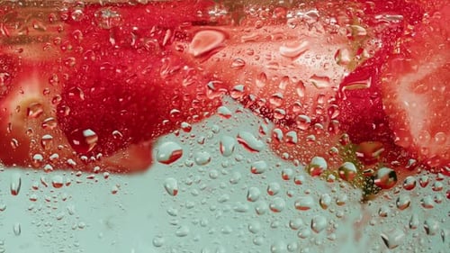 Close Up Strawberries in Sparkling Water with Droplets