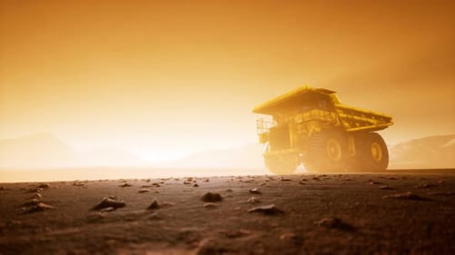 Massive Mining Dump Truck in Dusty Industrial Desert Scene
