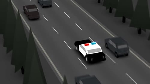The police car speeding on a busy road, The vehicle is going fast between cars.