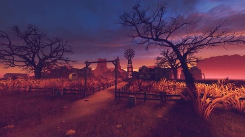 Stylized Western Landscape Journey at Sunset