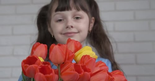 Young Girl Holding Bouquet of Red and Yellow Tulips