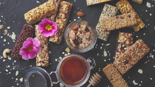 Delicious Granola Bars and Honey Overhead Still Life
