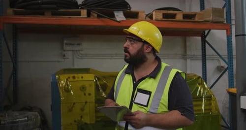 Caucasian male factory worker at a factory, wearing a hat and glasses, checking stock