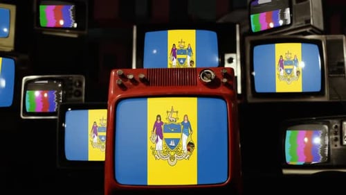 Vintage Televisions Displaying Philadelphia City Flag and Static