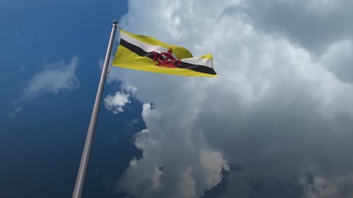 Brunei Flag Waving in Realistic Cloudy Sky