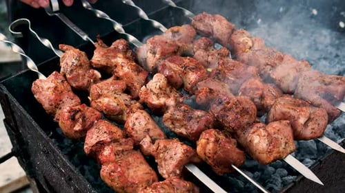 Marinated Meat Skewers Sizzle on a Hot Grill