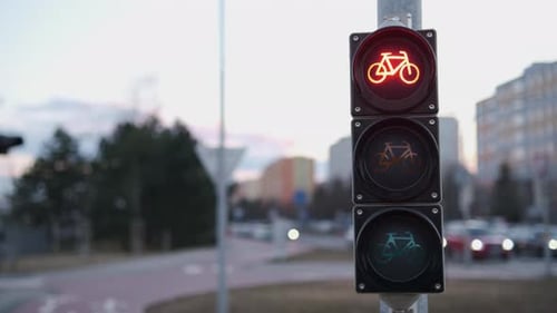 Traffic Light Changes Mode Letting Bicycle to Pass in City