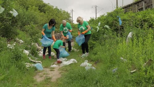Team of Nature Activists in Eco T-shirts Picking Up Plastic Trash in Park. Recycle, Earth Pollution
