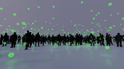 Crowd Silhouettes Surrounded by Abstract Green Virus Particles