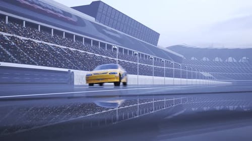 High speed racing car driving and drifting around racing track. Low camera angle