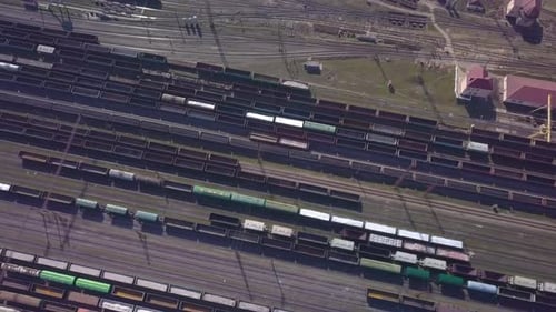 Aerial View of Railway Sorting Station and A Lot of Wagons at a Railway