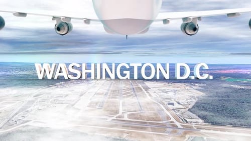 Avião comercial sobre nuvens chegando à cidade de Washington Dc