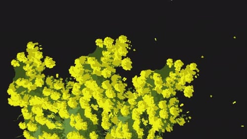 Animación abstracta de árbol amarillo pintado con hojas que caen sobre un fondo negro