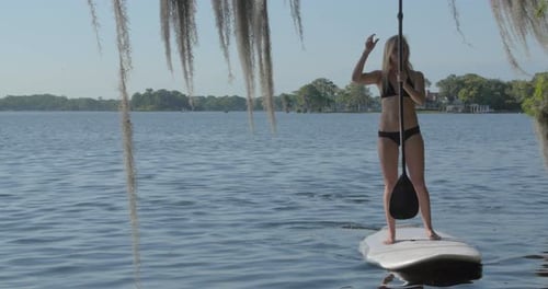 A young woman sup stand-up paddleboarding on a lake.