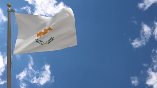 Cyprus Flag Waving In The Wind With Clear Blue Sky