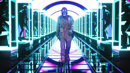 Futuristic Character Walking in Cyberpunk Neon Tunnel Loop