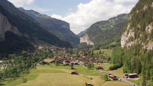 Aerial of small town in beautiful green valley