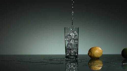 Líquido carbonatado despejando em vidro cheio de gelo - ultra lento mo 1500fps - LIQUID POUR