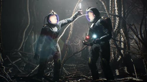 Astronauts Explore Dark Alien World with Futuristic Technology