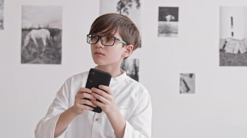 Caucasian Boy Taking Pictures in Art Museum