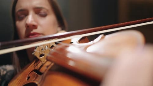 Talented Female Violinist is Playing Violin on Scene of Music Hall Closeup View of Fiddle in Hands